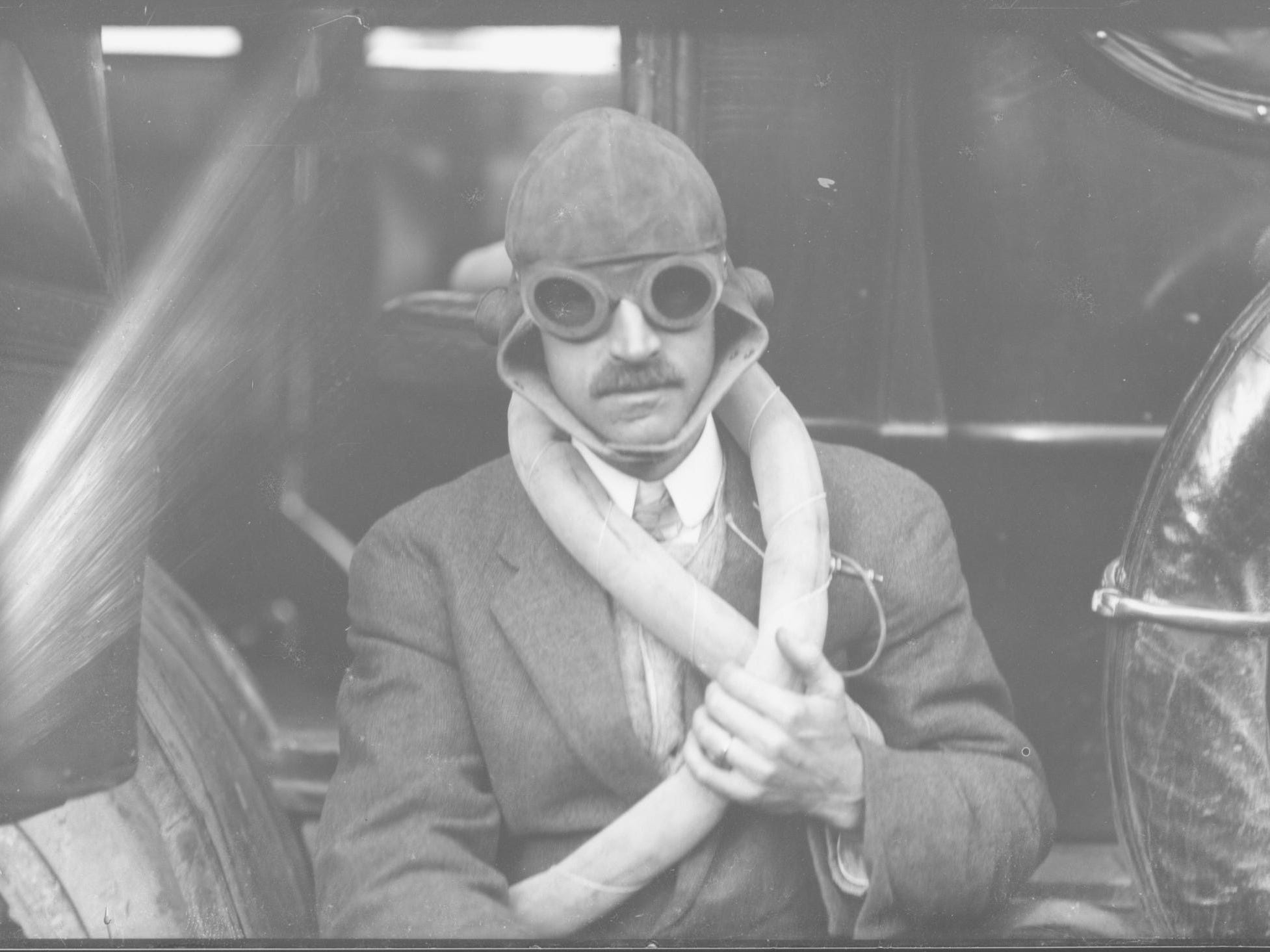 Aviator Glenn Curtiss poses with full equipment before take off.