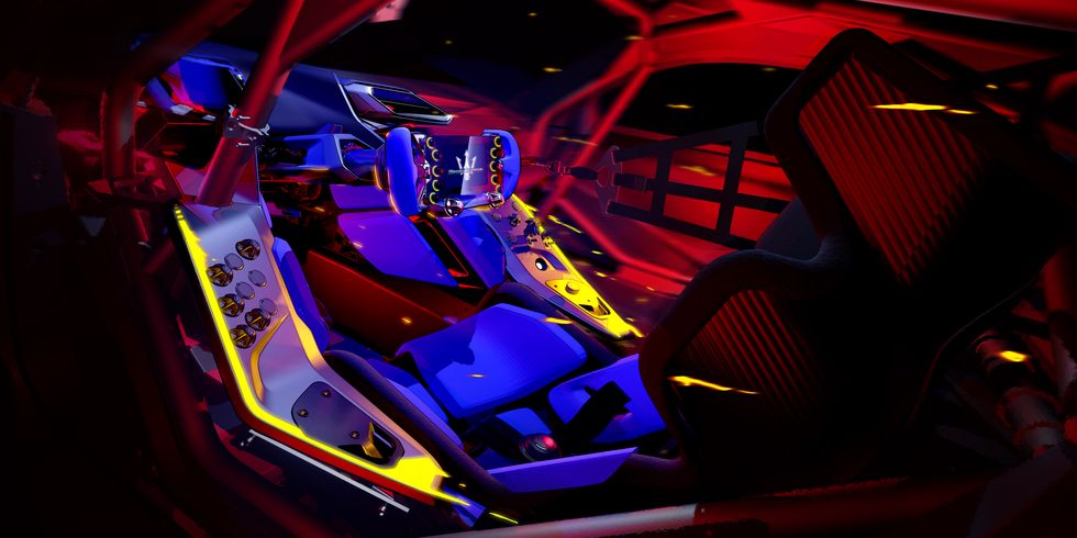 2024 maserati mcxtrema interior single seat sketched with red and purple hues in a studio environment