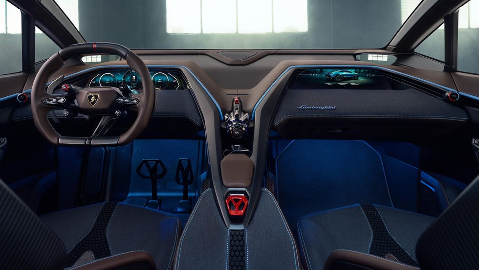 2028 lamborghini lanzador interior with blue accents and a space age steering wheel