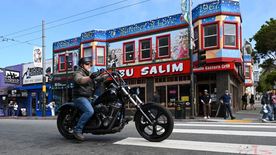 biker dude on haight and ashbury in san francisco