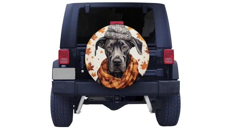 Great Dane Dog is Wearing Scarf and Beanie Spare Tire Cover