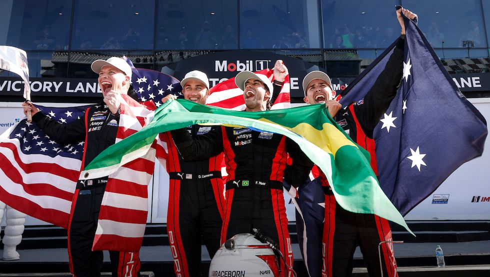 7 porsche penske motorsports, porsche 963, gtp matt campbell, felipe nasr, dane cameron, josef newgarden, podium,